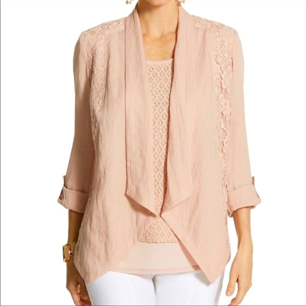 Chicos Francesca Blush Pink Lace Open Blazer Chico Sz 00 = XS
